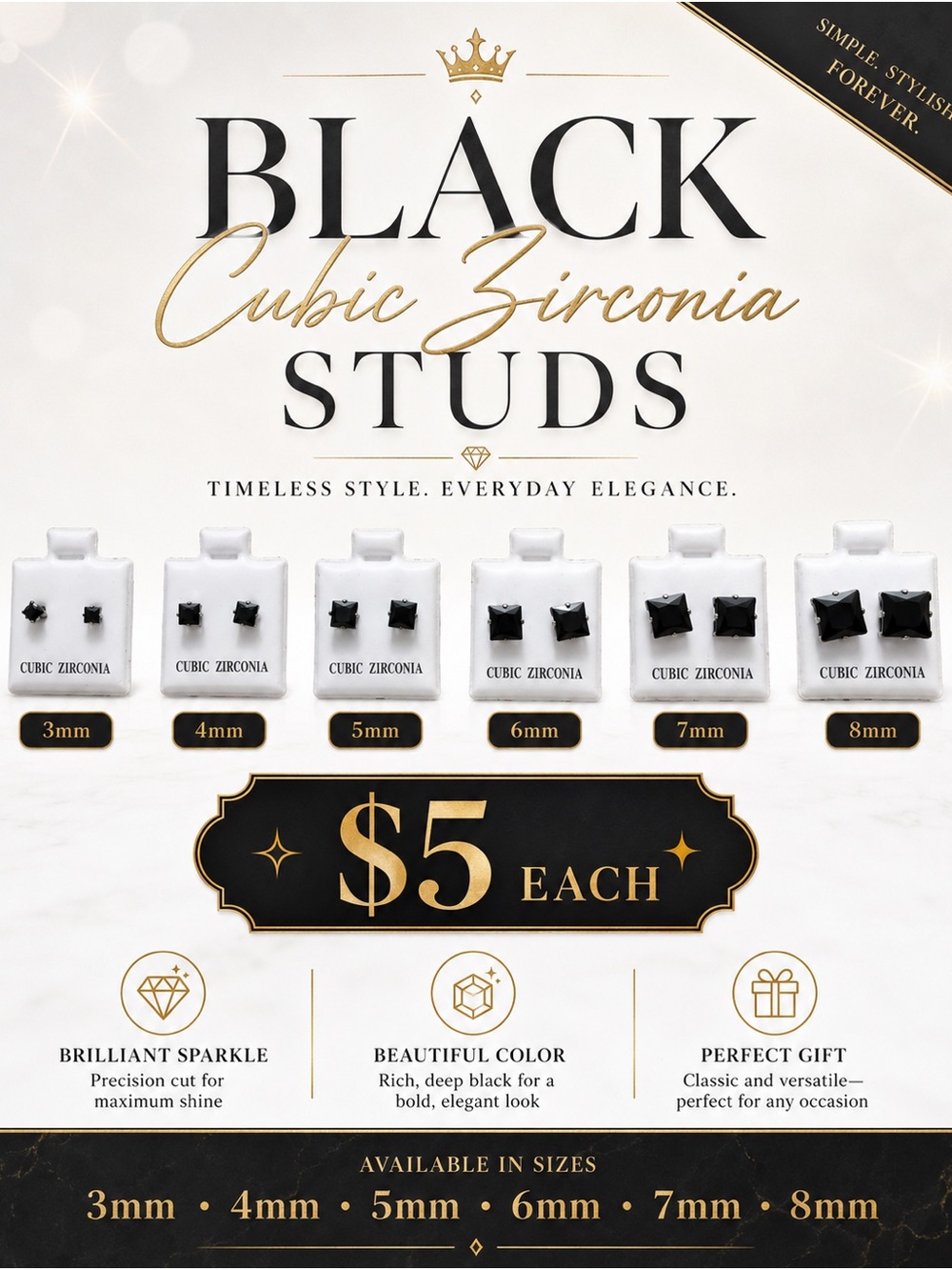 🩷. Black Cubic Zirconia Stud Earrings - Small to Medium Sizes